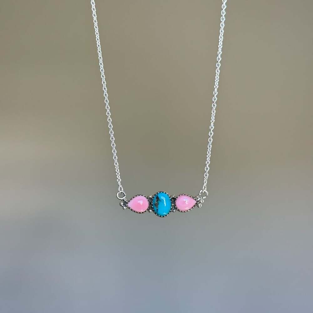 Sterling Silver Pink Conch and Turquoise Stone Necklace